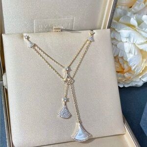 Bvlgari Gold-Tone Double Drop Necklace with White Mother-of-Pearl and Crystals